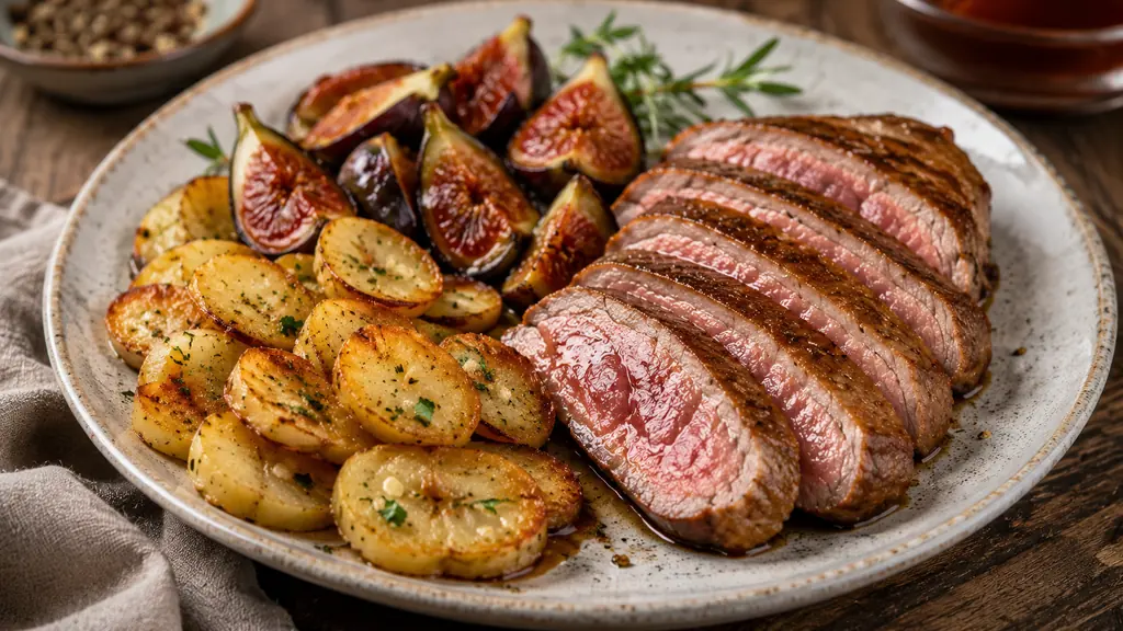 Magret de canard tranché avec pommes de terre rôties, haricots verts et figues