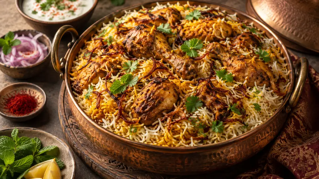 Biryani au poulet avec riz basmati, safran et oignons frits