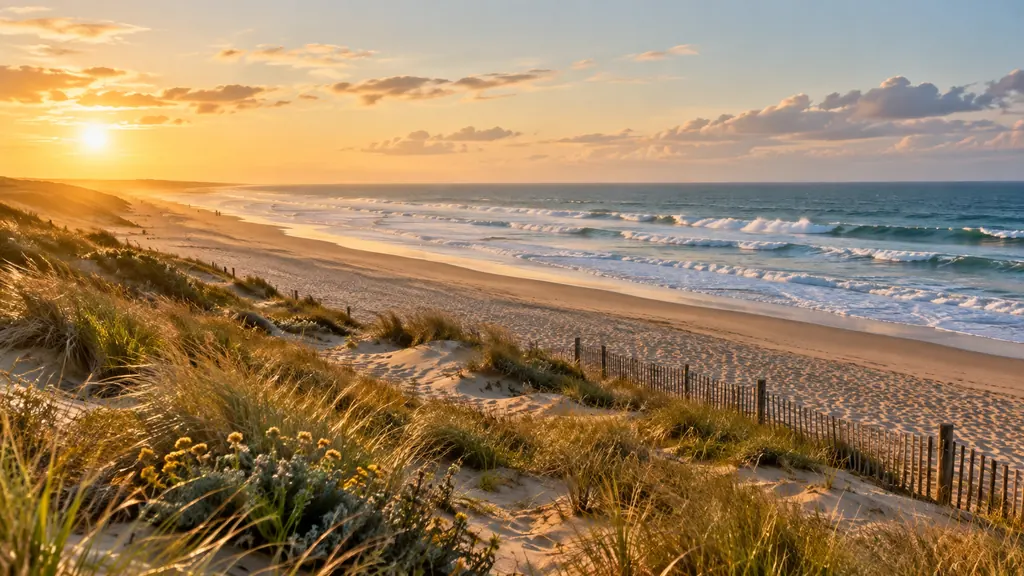 Grande plage de Biscarrosse avec vagues atlantiques et dunes
