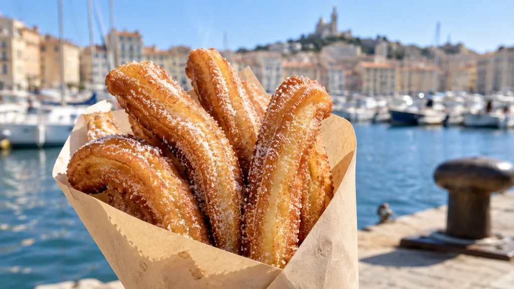 Chichis frégis provençaux dorés et sucrés dans un cornet en papier