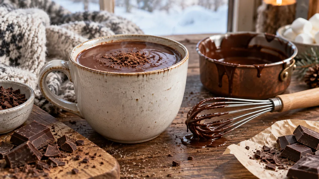 Tasse de chocolat chaud épais avec chocolat noir et fouet