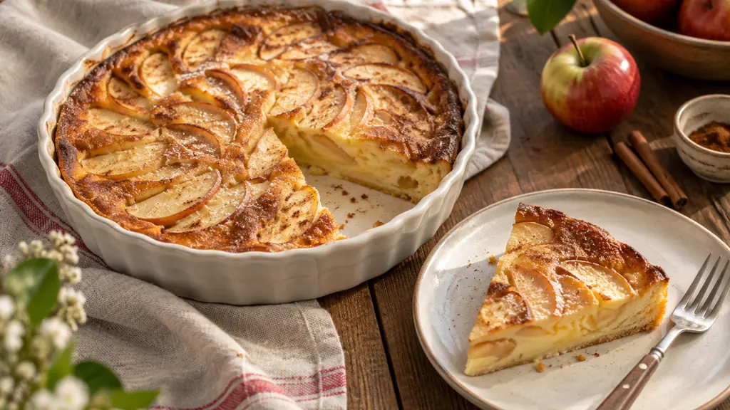 Clafoutis aux pommes doré avec une part servie