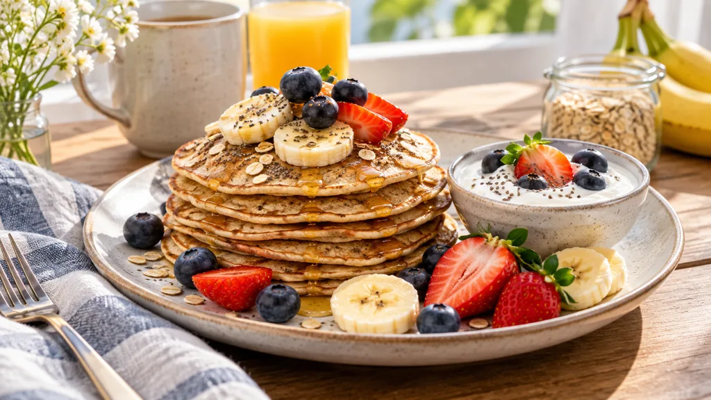 Crêpes à l’avoine servies avec banane, fruits rouges et yaourt nature