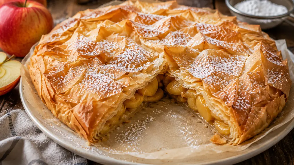 Croustade aux pommes en pâte filo dorée et croustillante saupoudrée de sucre glace
