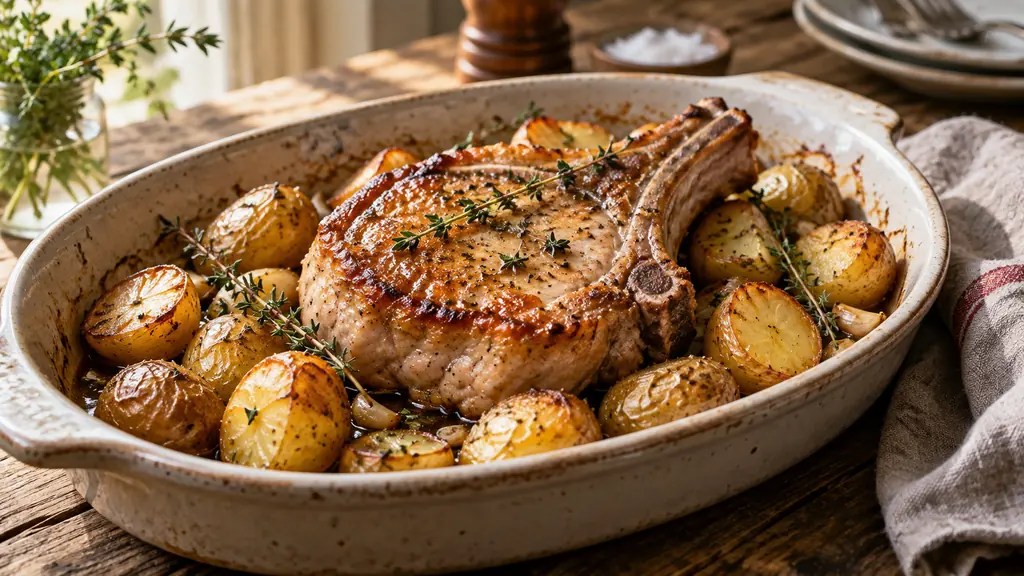 Côte de porc dorée au four avec pommes de terre grenaille et thym