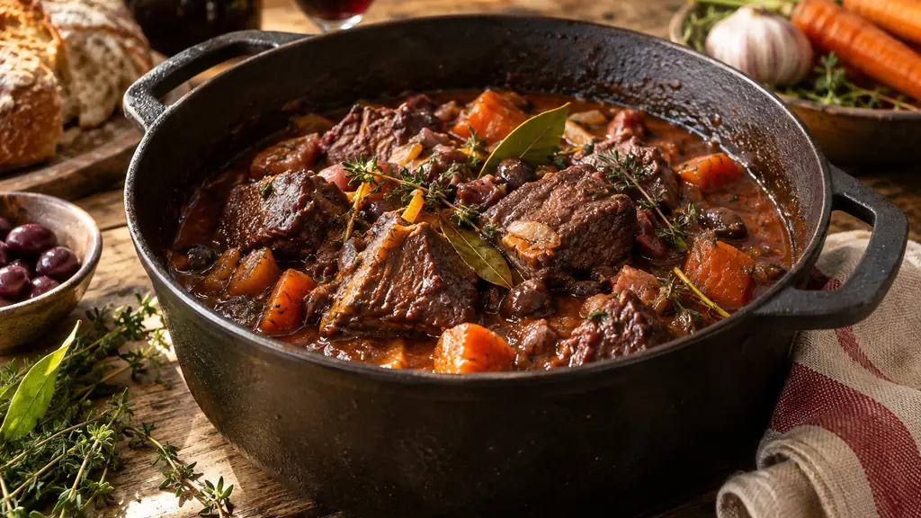 Daube provençale de bœuf mijotée avec carottes et herbes