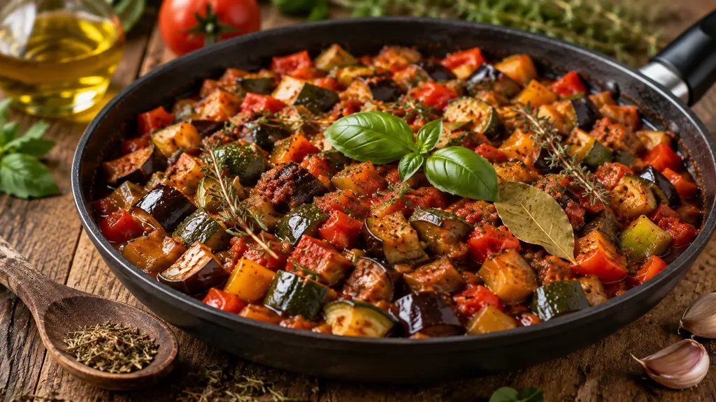 Ratatouille provençale aux légumes parfumée au thym, basilic, laurier et romarin