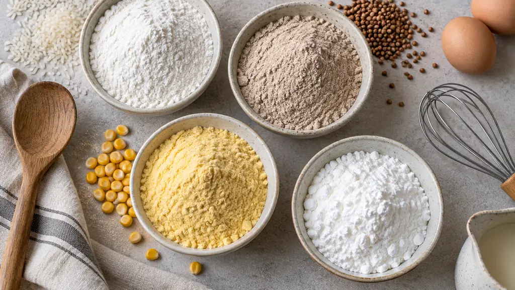 Bols de farines sans gluten variées avec ustensiles de pâtisserie