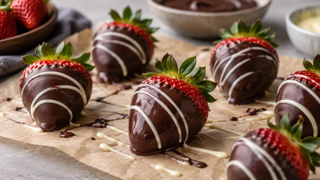 Fraises fraîches enrobées de chocolat noir avec fins décors de chocolat blanc