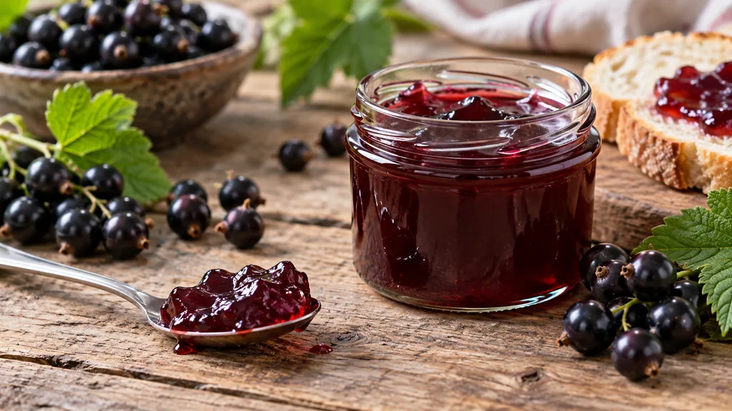 Gelée de cassis rouge sombre en pot avec baies de cassis fraîches