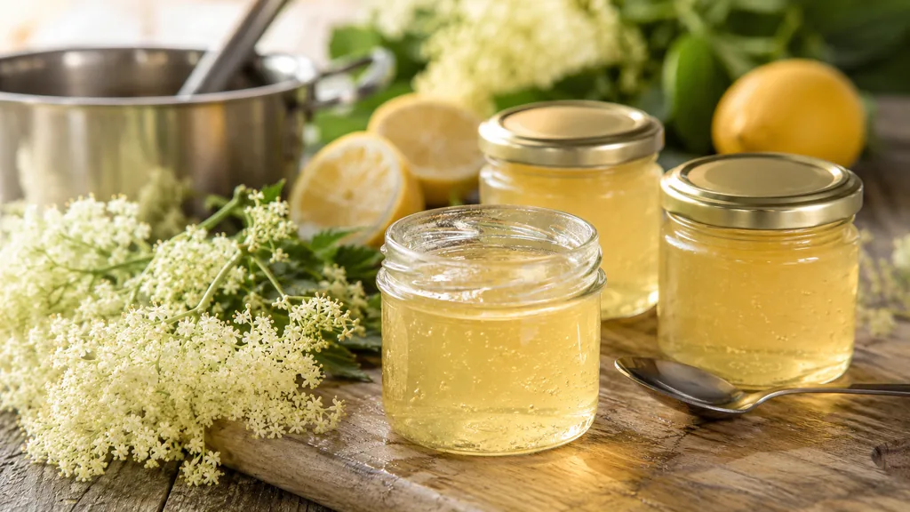 Gelée de fleurs de sureau maison en pots avec ombelles fraîches et citron sur une table en bois