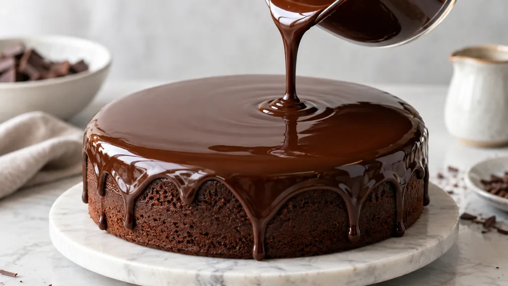 Glaçage au chocolat brillant versé sur un gâteau rond
