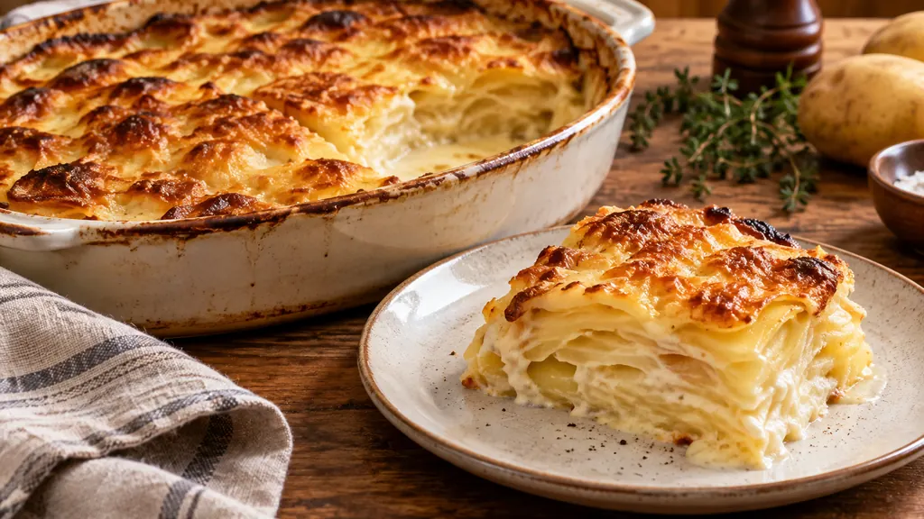 Gratin dauphinois crémeux et doré avec fines couches de pommes de terre