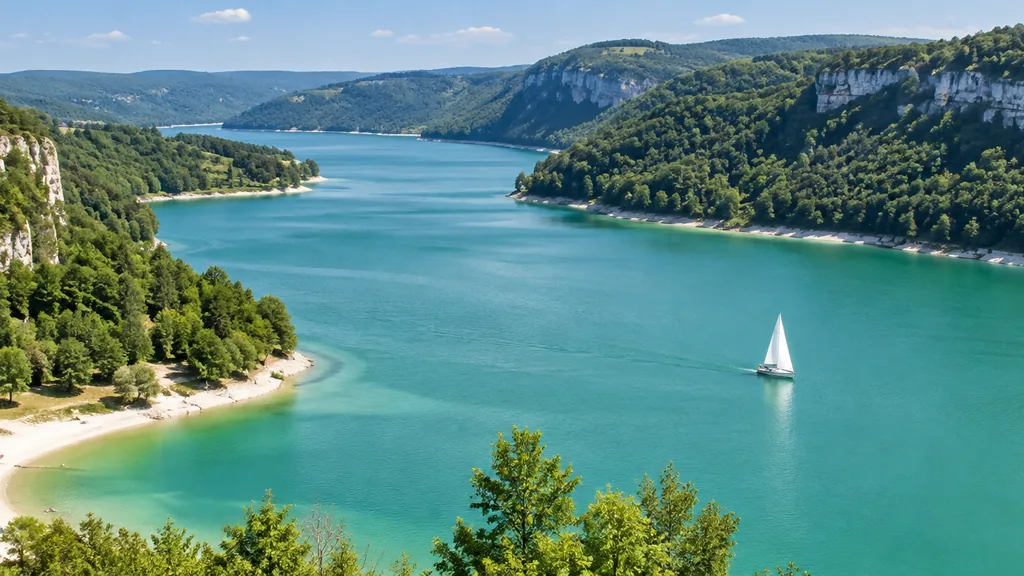 Lac de Vouglans aux eaux émeraude entouré de forêts du Jura