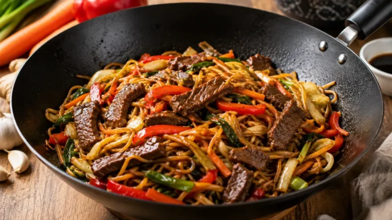 Nouilles sautées au bœuf avec légumes croquants et sauce soja dans un wok