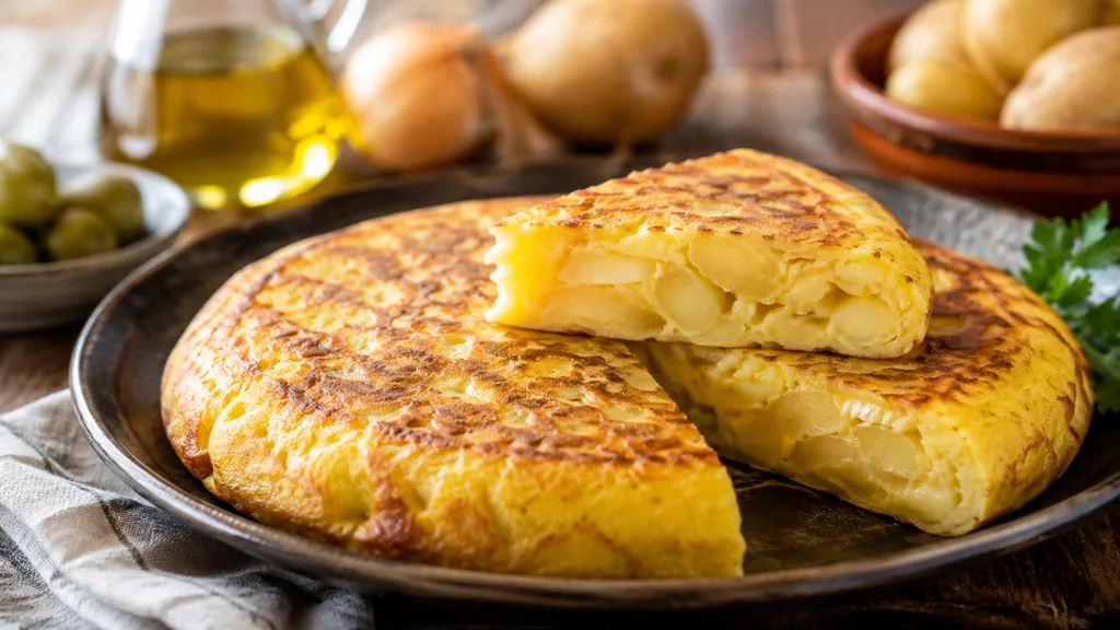 Omelette espagnole tortilla de patatas épaisse aux pommes de terre dorées