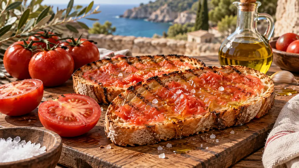 Pain rustique grillé garni de tomate fraîche, huile d’olive et fleur de sel
