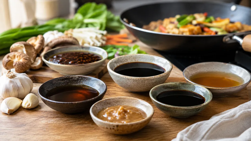 Différentes alternatives à la sauce soja disposées dans des bols avec des ingrédients asiatiques