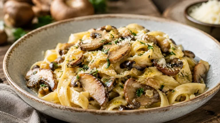 Pâtes aux cèpes crémeuses avec parmesan, persil et champignons poêlés