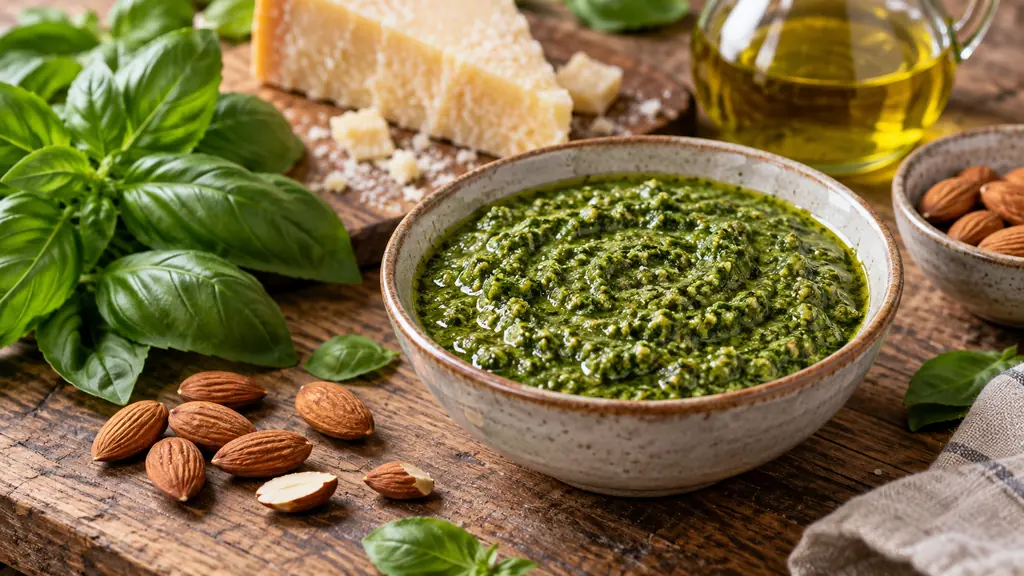 Pesto vert au basilic préparé avec parmesan, amandes et huile d’olive