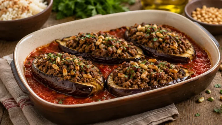 Aubergines libanaises farcies à la viande hachée, sauce tomate et pignons de pin
