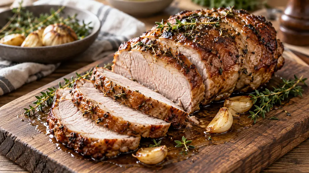 Rôti de porc tranché avec ail, thym et jus de cuisson