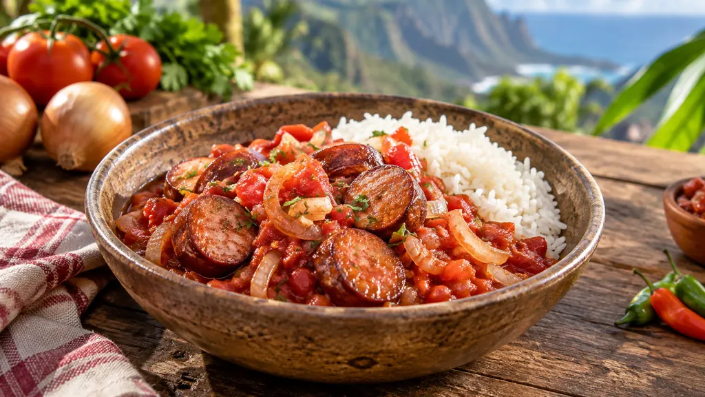 Rougail saucisse à la tomate servi avec du riz