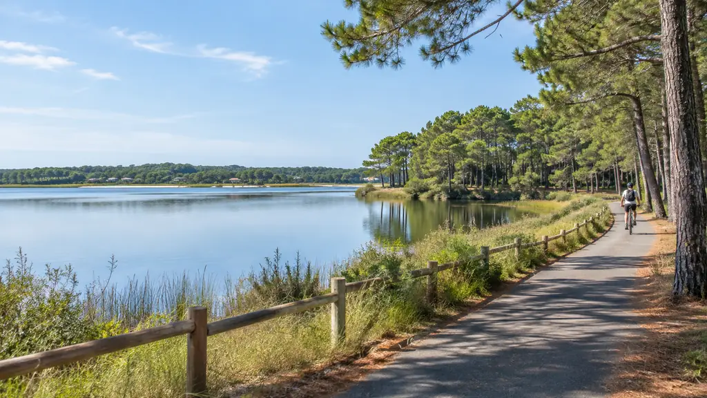 Lac de Soustons bordé de pins avec une piste cyclable