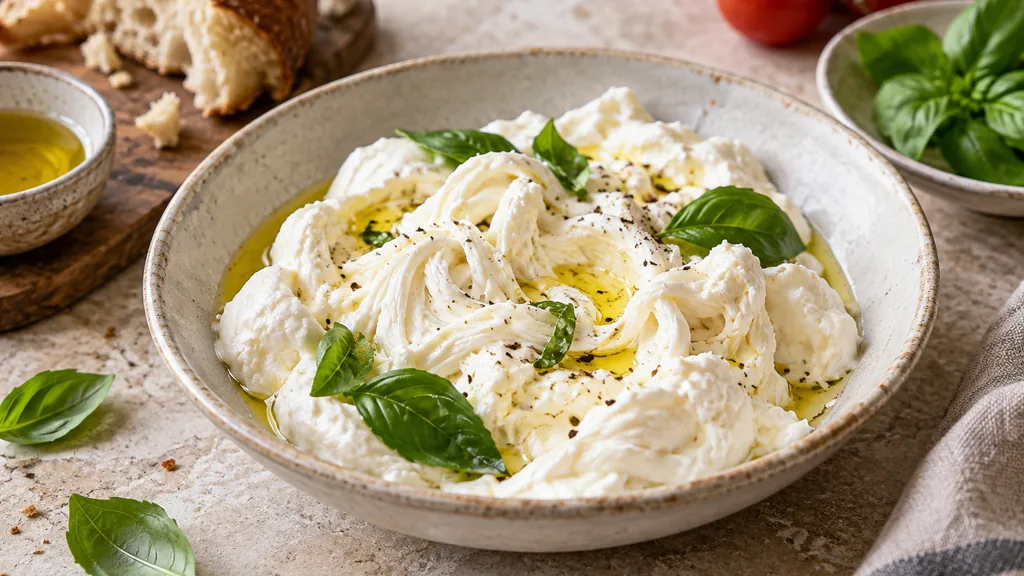Stracciatella italienne dans un bol avec huile d’olive et basilic