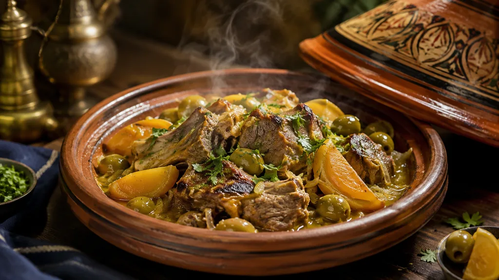 Tajine d'agneau fondant au citron confit et aux olives vertes dans un plat marocain en terre cuite