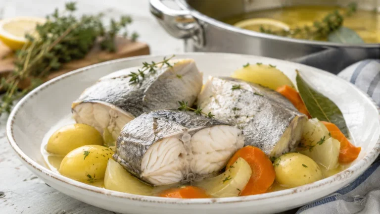 Tronçons de roussette cuits au court-bouillon avec pommes de terre, carottes et herbes aromatiques