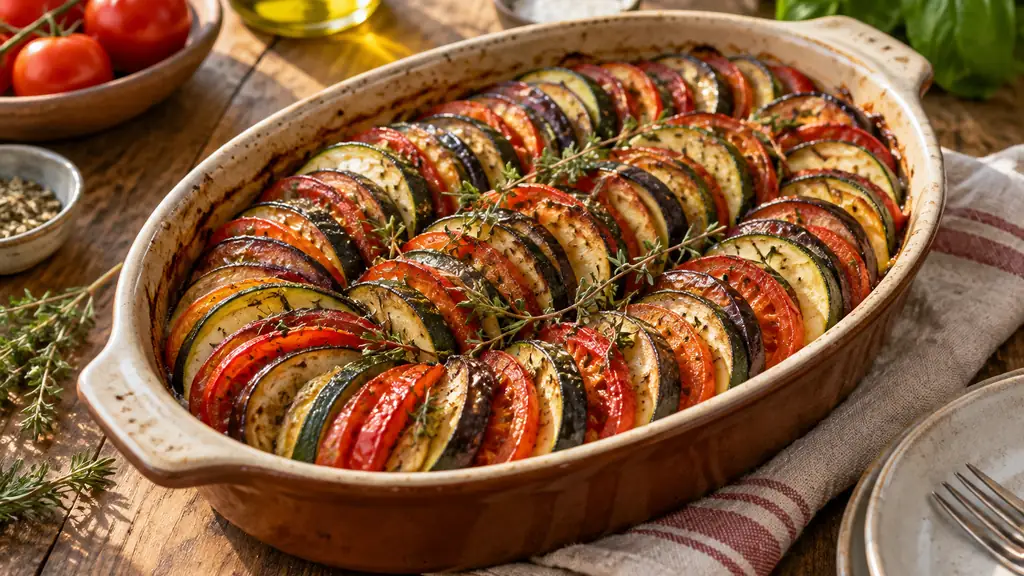 Tian de courgettes, tomates et aubergines dans un plat en terre cuite