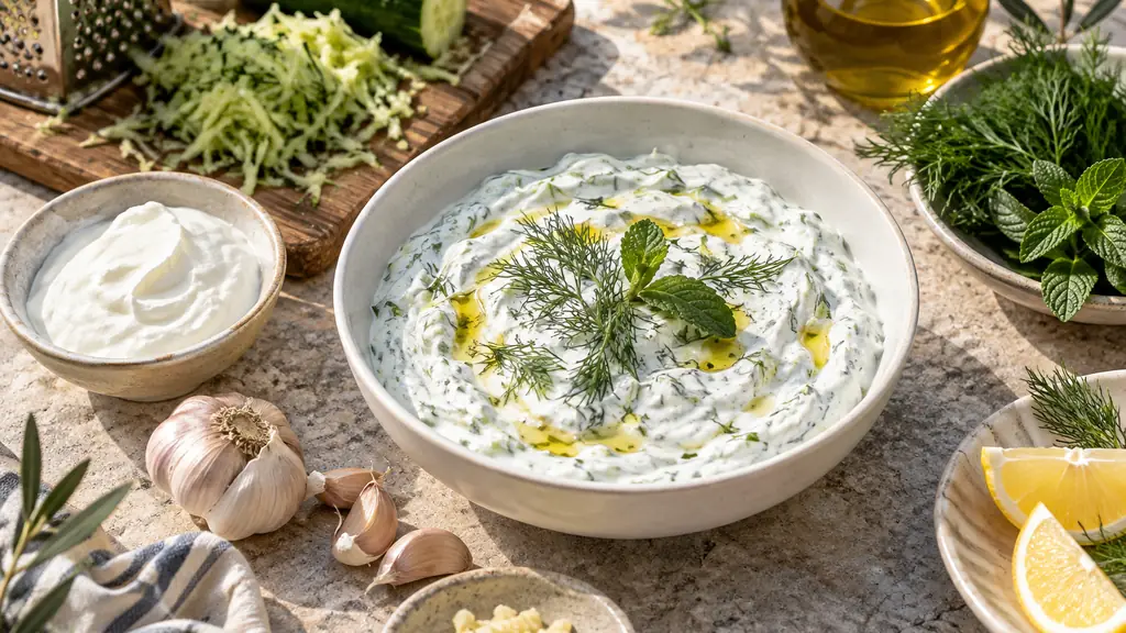 Bol de tzatziki avec concombre, aneth, ail et huile d’olive